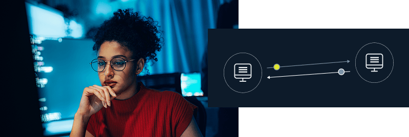 Woman with glasses studying a computer screen in a blue-lit room beside a data transfer diagram for SpecterIQ.