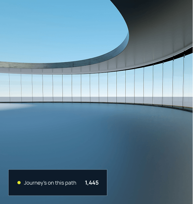 Curved glass-walled observation deck with ocean horizon view and an overlay showing 1,445 journeys on this path.