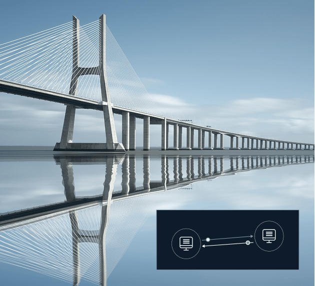 A cable-stayed bridge stretching across calm reflective water with a network connectivity icon overlay in the corner.