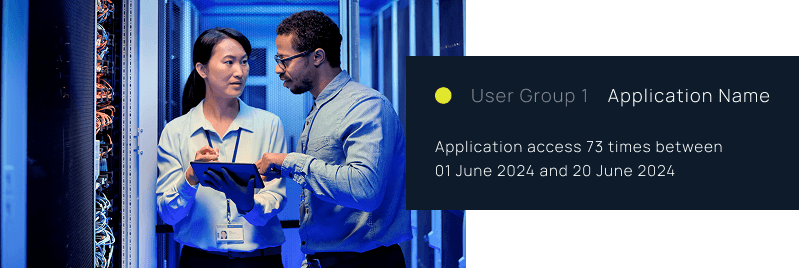 Two IT professionals discuss in a server room beside a dashboard showing application access 73 times between June 1–20,