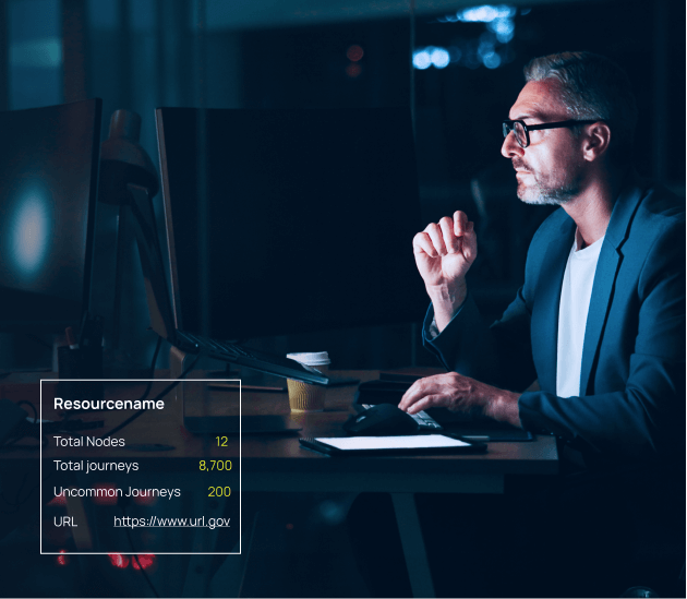 A man in glasses and a blazer analyzes data on a monitor in a dark office, with a resource stats overlay visible.